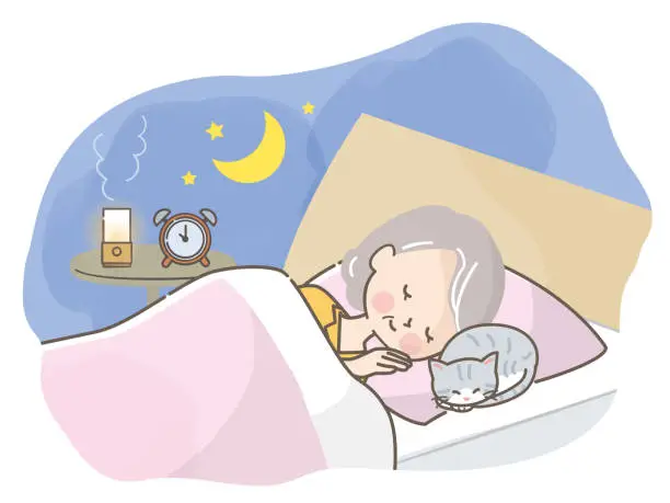 Vector illustration of Senior woman sleeping soundly in bed with cat Stock illustration
