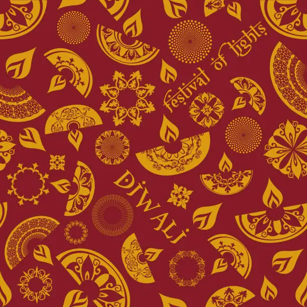 Vector illustration of Deepavali and Diwali light festival concept in flat style. Oil lamps with Indian patterns of the Hindu religion with a burning candle wick and rangoli decoration on a colored background. Festive Diwali seamless pattern.