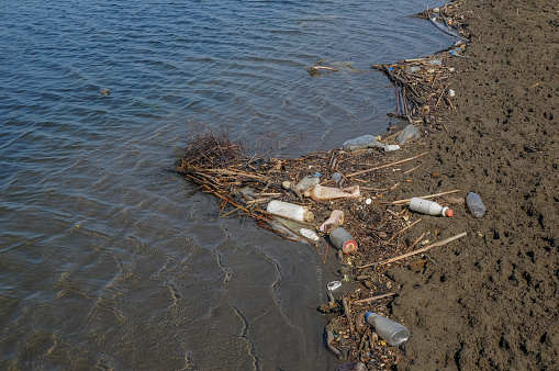 Sealed plastic bottles and garbage washed ashore.