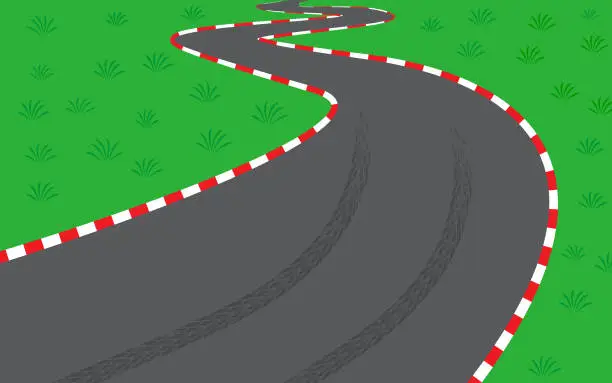 Vector illustration of Road race track. Winding asphalt road with brake marks surrounded by white and red safety barriers.