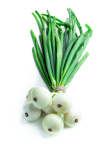 Bunch  of freshly harvested onions isolated on white