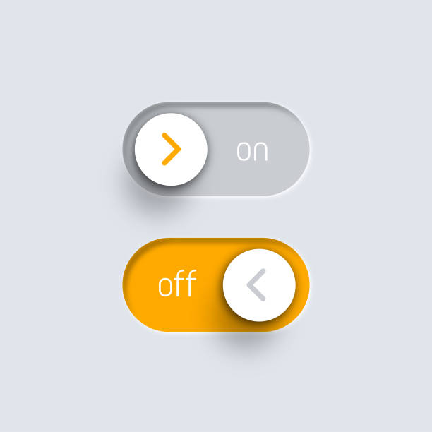 illustrations, cliparts, dessins animés et icônes de bouton d’alimentation pour l’application mobile. style moderne d’interface utilisateur de neumorphisme à la mode - allumer ou éteindre