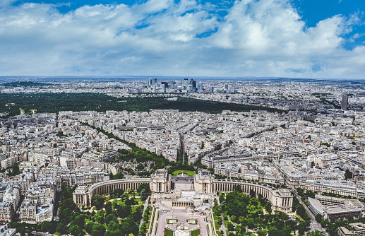 A scenic aerial view of the Trocadero Garden and financial center, Paris, France