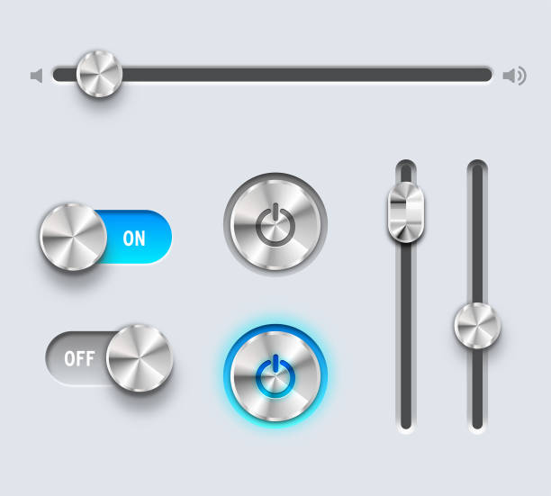 ilustrações, clipart, desenhos animados e ícones de botões de energia de metal brilhante circular, botões desligados e controles deslizantes - botão de volume