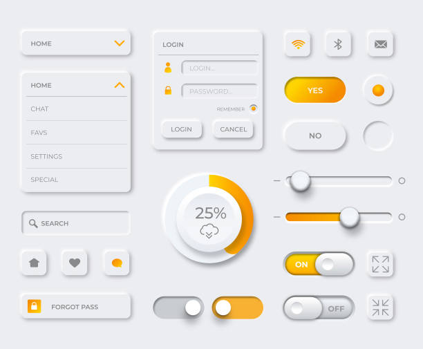 ilustraciones, imágenes clip art, dibujos animados e iconos de stock de elementos de la interfaz de usuario para la aplicación móvil de finanzas. nuevo diseño neumórfico de moda - graphic interface