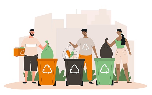 Waste sorting concept. Men and young girl near colorful containers. Reducing emission of hazardous waste into atmosphere, taking care of environment and nature. Cartoon flat vector illustration