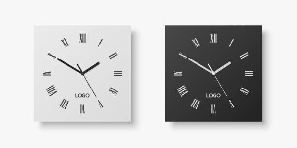 Vector 3d Realistic White, Black Square Wall Office Clock Set, Design Template Isolated on White. Dial with Roman Numerals. Mock-up of Wall Clock for Branding and Advertise Isolated. Clock Face Design Vector 3d Realistic White, Black Square Wall Office Clock Set, Design Template Isolated on White. Dial with Roman Numerals. Mock-up of Wall Clock for Branding and Advertise Isolated. Clock Face Design. clock wall clock face clock hand stock illustrations