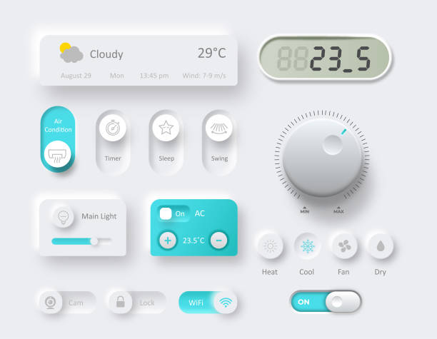 pokrętła sterujące stosowane do regulacji klimatu inteligentnego domu - control room audio stock illustrations