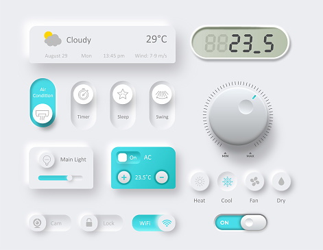 Control knobs used for smart home climate regulating. Dashboard neumorphic UI kit. Control center design. Temperature control for mobile app. Air conditioner panel. Easy editable panel