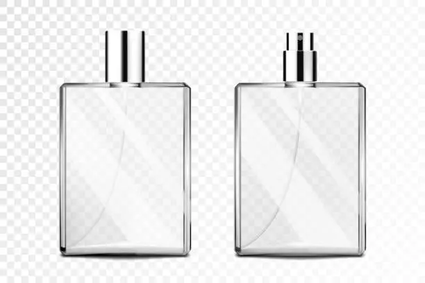 Vector illustration of Perfume bottle. glass bottle for perfume and perfumery. Empty glass bottle with and without cap. Vector illustration realistic 3d mockup.