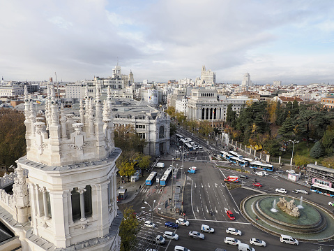 Madrid City Hall, ayuntamiento Communications Palace architecture landmark, view from above during a sunny day in Spain.