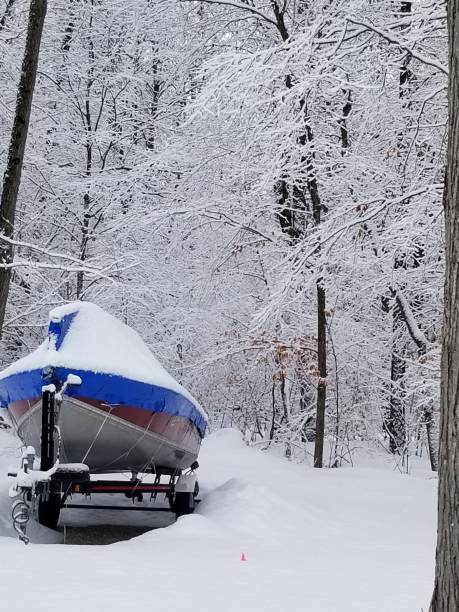 istock A snow covered boat sits in a forest of snow covered trees. 1454821717