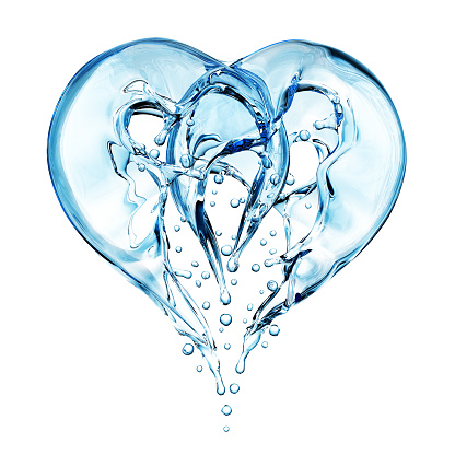 Splashing two hearts water abstract background, symbol love, Valentine's Day, isolated 3d rendering
