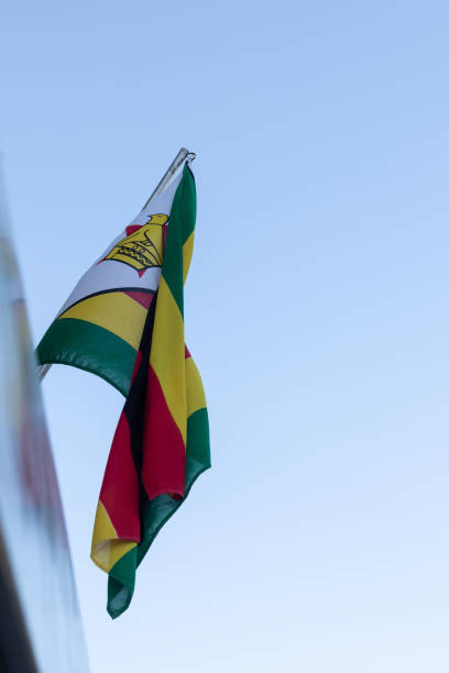 istock Zimbabwe flag on a pole against a blue background 1454822989