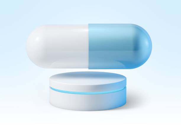 A 3D rendering of a white and blue pill above a podium on white background