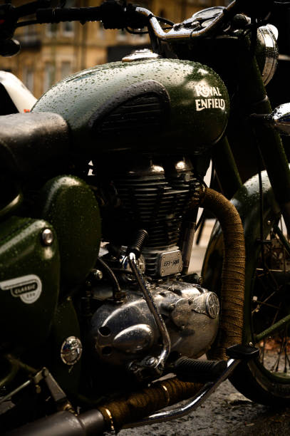 Oxford, United Kingdom – August 31, 2020: The Royal Enfield 500 Classic engine and pipe wraps