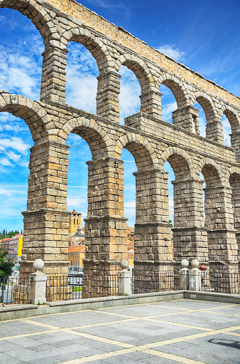 View of the 1000 year old roman aqueduct from below, Segovia, Spain