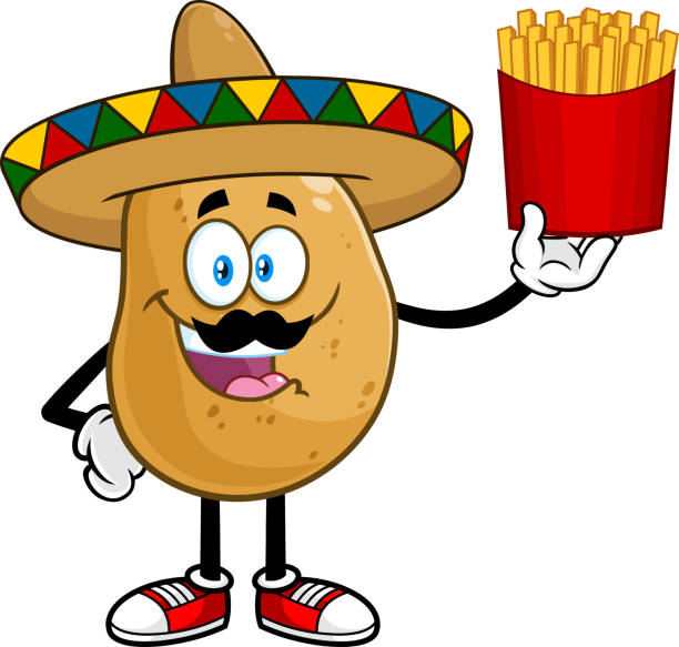 Mexican Potato Cartoon Character With Sombrero Holding Up A French Fries vector art illustration