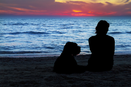 Silhouette of a woman sitting with her dog on the beach at colorful dusk. Horizontally.