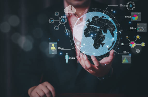 istock man Hand holding virtual Global Internet connection metaverse. Business global internet connection application technology and digital marketing, Financial and banking, Digital link tech, big data. 1454829391