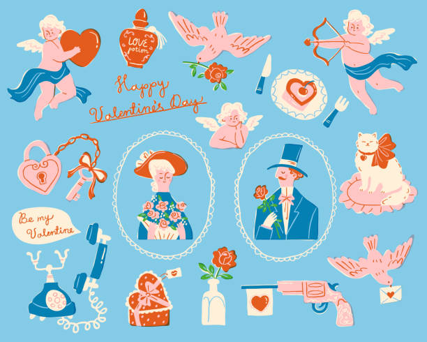 ilustraciones, imágenes clip art, dibujos animados e iconos de stock de elementos de san valentín en estilo retro dibujado a mano - cake old fashioned gift women