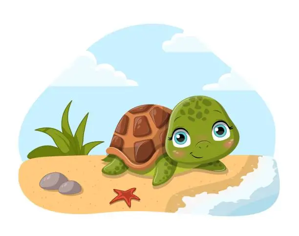 Vector illustration of Cute turtle on beach