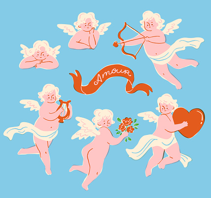 Vintage cupid set. Cheerful flying angels with a bow and arrow, a harp and flowers. Cute cherubs for the Valentine's Day celebration in trendy retro style.