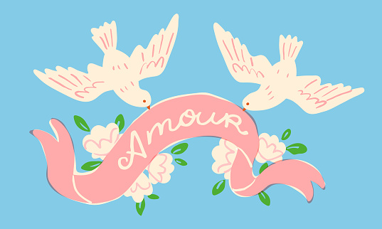 Two white doves holding a ribbon. Romantic vector illustration for the Valentine's Day or a wedding. Banner, flyer or invitation template in cute vintage style.