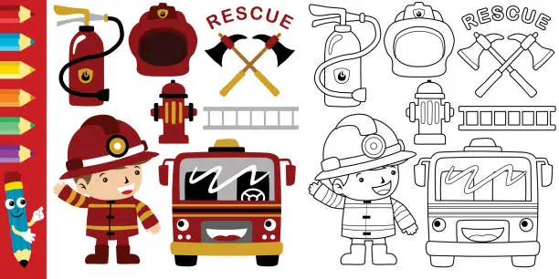 Vector illustration of Vector cartoon of firefighter elements illustration, coloring book or page