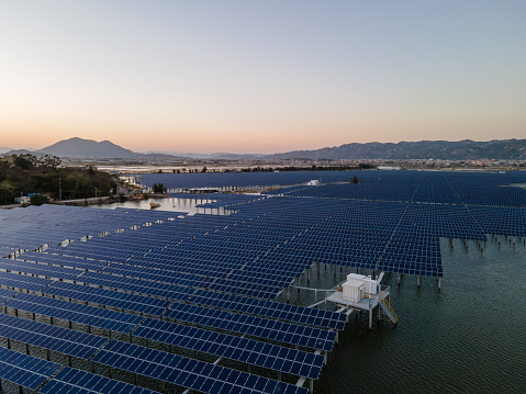 Aerial view of coastal photovoltaic solar power plant