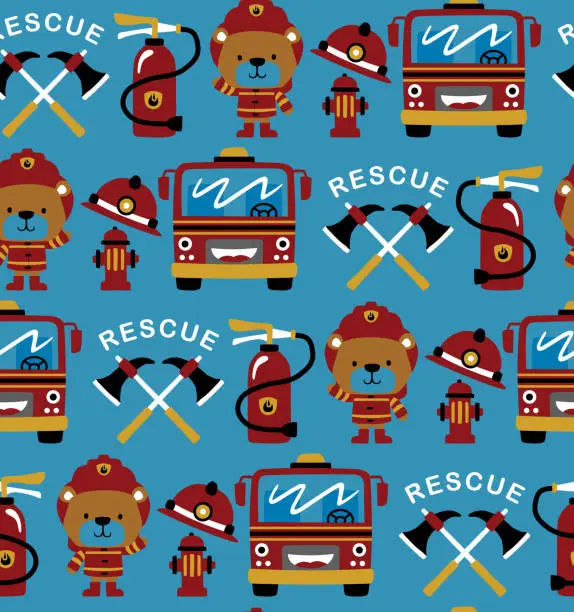 Vector illustration of Seamless pattern vector of firefighter elements cartoon with funny bear in fireman costume