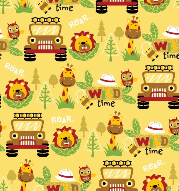 Vector illustration of Seamless pattern vector of safari elements cartoon with funny animals and car