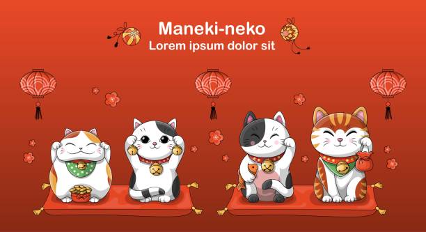 Maneki neko text Maneki neko text. Asian culture and traditions. Wealth and luxury, decoration for apartments and houses. Cat toy, kitten. Poster or banner. Cartoon flat vector illustration maneki neko stock illustrations