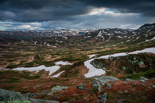 Mountain landscape of Jotunheimen National Park with red moss and dark cloudy sky in Norway