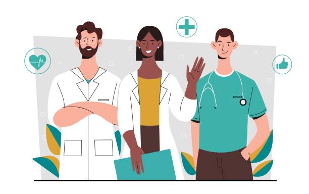 ilustrações, clipart, desenhos animados e ícones de medicamentos e médicos - doctor healthcare and medicine nurse team