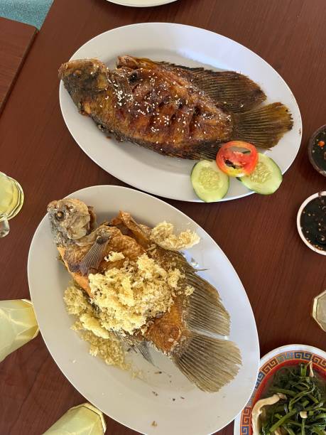 istock Fried fish and grilled fish on a white plate 1454833085