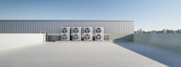 3d rendering of condenser unit or compressor on rooftop of industrial plant, factory. Unit of ac or air conditioner, hvac or heating ventilation and air conditioning system. Motor, pump and fan inside representación 3d de la unidad condensadora o compresor en la azotea de la planta industrial, fábrica. unidad de aire acondicionado o aire acondicionado, climatización o calefacción, ventilación y sistema de aire acondicionado. motor, bomba y ventilad