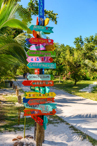 istock Colorful sign post by bicycle path on tropical island. 1454836336