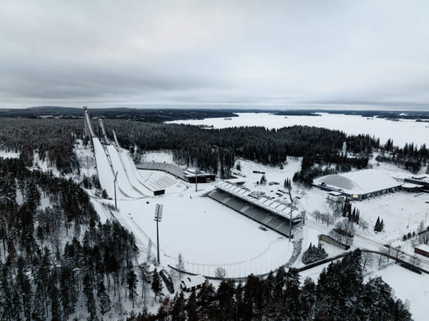 Ski jump towers in Lahti winter evening 0