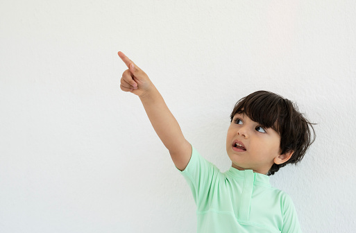 Portrait of amazed cute little boy pointing to empty place on white background