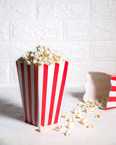 A closeup of popcorn in a paper box