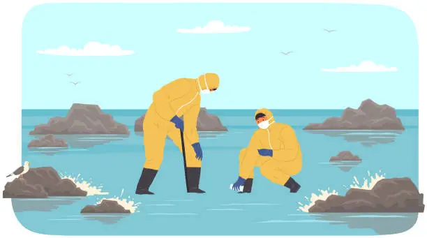 Vector illustration of Scientists in protective suits collect samples of water. People analyze state of sea or ocean