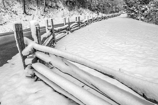 Close up of Wooden Fence covered in snow