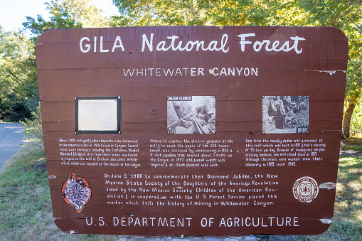 Glenwood, New Mexico - October 20, 2022: Sign for the Whitewater Canyon in the Gila National Forest
