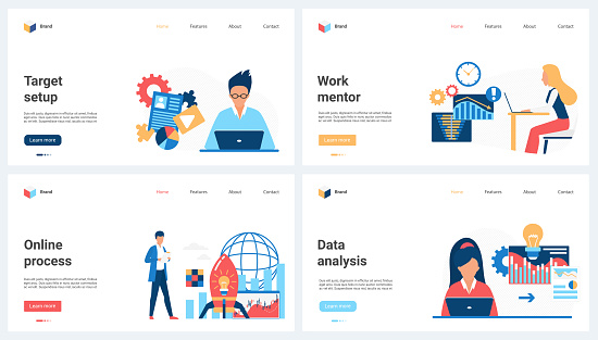 Data analysis process, target setup and development, mentorship set vector illustration. Cartoon tiny people work with support of mentor, research information on dashboard, plan and control risks