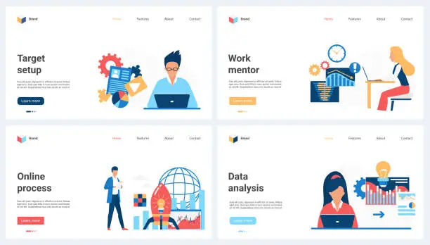 Vector illustration of Data analysis process, target setup and development, mentorship set and tiny people