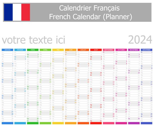 2024 French Planner Calendar with Vertical Months 2024 French Planner Calendar with Vertical Months on white background french language stock illustrations