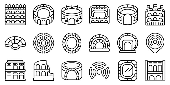 Amphitheater icons set outline vector. Arena italy. Architecture building