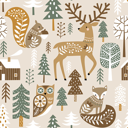 Seamless vector pattern with cute woodland animals and woods on dark grey background. Scandinavian woodland illustration.