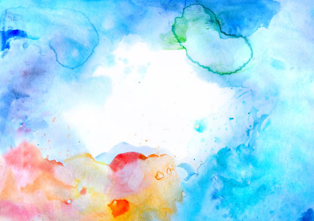 istock Rainbow fog watercolor colorful background. Illustration abstract poster gradient color blue and orange white background 1454859666